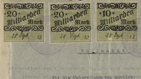 Drei Stempelmarken im Wert von 20 Milliarden Mark (HStAD, G 28 Darmstadt, R 351) Historisches Stempelgeld: Drei Marken im Wert von 20 Milliarden Mark