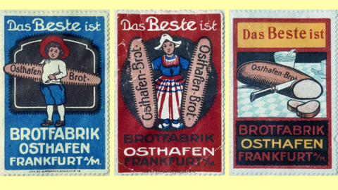 Drei Historische Werbemarken: 1. Ein Kind, das ein Brot trägt, 2. Eine Frau, die zwei Brote hält, 3. Ein angeschnittener Laib Brot