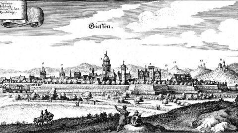 Ansicht von Gießen von Matthäus Merian, 1646 (LAGIS) Historischer Kupferstich: Blick auf die Wallanlagen und die Stadt Gießen
