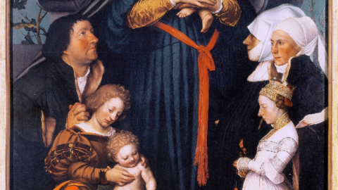 Gemälde: rechts ein Mann und zwei Jungen, links zwei Frauen und ein Mädchen in anbetender Haltung