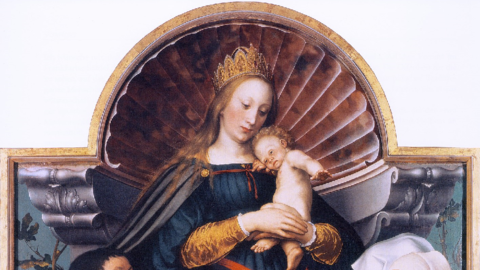 Hans Holbein der Jüngere: Madonna mit dem Kinde (sog. Darmstädter Madonna oder Madonna des Bürgermeisters Meyer, Ausschnitt) Gemälde: Gekrönte Maria mit Jesuskind