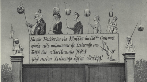 Werbekarte des Bad Homburger Laternenfestes, um 1930 (HStAD, R 4, 12733) Karikaturhafte Zeichnung: Tor mit Putten, darüber Schild mit Text "Un der Vadder un die Mudder un die Omama..." und Figuren mit Laternen