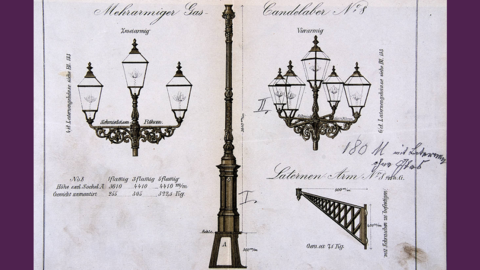 Historischer Druck: Verschiedene Formen von Straßenlaternen mit Gasflamme