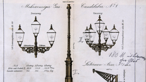 Verschiedene Typen von Gaslaternen (HStAD, R 4, 21421 UF) Historischer Druck: Verschiedenflammige Gaslaternen