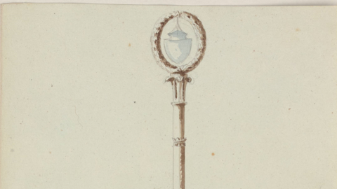 Ein früher Laternenentwurf, Anfang 19. Jahrhundert (HStAM, 300, P II 113) Kolorierte Zeichnung: ein Glasgefäß hängt in einem Metallkranz, der auf dem Laternenmast befestigt ist.