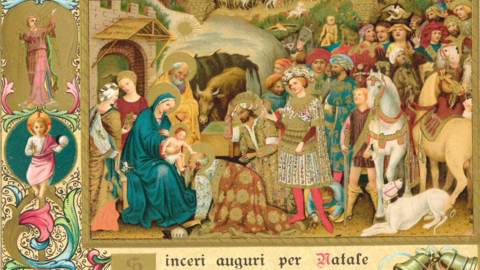 Historische Weihnachtspostkarte aus Italien, 1923 (HStAM, 340 Grimm, Br 2799) Weihnachtspostkarte mit historisierender Darstellung der Geburt Christi und Anbetung durch die drei Weisen