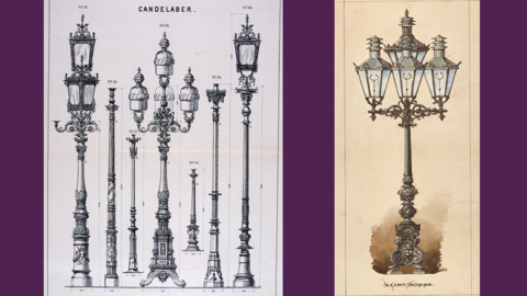 Verschiedene Modelle gasbetriebener Straßenlaternen, um 1880 (HStAD, R 4, 21422 UF und 23368 GF) Verschiedene Modelle gasbetriebener Straßenlaternen mit einer und mehreren Flammen
