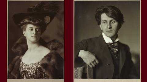 Mondän: Frau von S. - Melancholisch: der Dichter Friedrich Gundolf (HStAD, D 27 A, 81) Zwei historische Porträtfotos, links Frau in Abendrobe, rechts junger Mann
