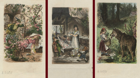 Illustrationen von Paul Meyerheim für eine Ausgabe der "Kinder- und Hausmärchen" der Brüder Grimm (HStAM, 340 Grimm, B 265/1) Historische Buntdrucke: Motive zu Dornröschen, Schneewittchen und Rotkäppchen