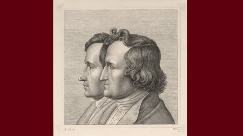 Die Brüder Grimm (HStAM, 340 Grimm, B 267) Lithographie der Brüder Grimm, Porträtdarstellung im Profil, nach links blickend