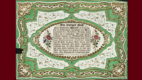 "Ein feuriges Hoch" auf den Buchhändler Hirzel in Leipzig für die Ausgabe des Grimm'schen Wörterbuchs (HStAM, 340 Grimm, Z 32) Schmuckbild mit grünen und goldenen Ranken mit eingeklebtem Zeitungsausschnitt