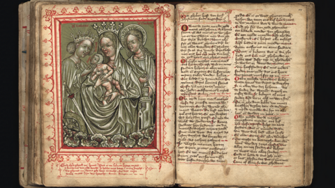 Niederländische Bilderhandschrift (Arnsteiner Codex) aus dem 15. Jahrhundert (HHStAW, 3004, B 10) Historische Handschrift: Links eine Zeichnung in einem Schmuckrahmen (Hl. Katharina und Hl. Barbara mit ihren Attributen, in der Mitte Maria mit dem Kind), rechts Schrift mit Verzierungen