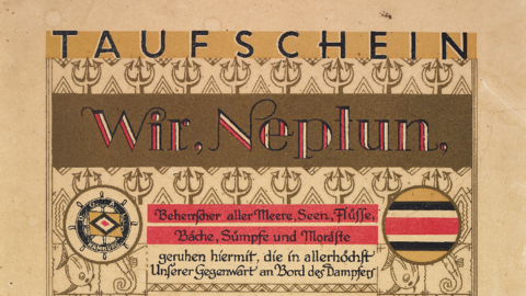 Taufschein für die Äquatortaufe Wilhelm Wilbrands an Bord des Dampfers Ussukuma, 1931 (HStAD, O 13, 579) Historisches Schmuckblatt
