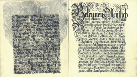 Lehnsbrief von Kaiser Karl VI. in Form eines Buches, 1732 (HStAM, Urk. 14, Nr. 14) Lehnsbrief in Form eines Buches, verzierte Handschrift auf Pergament