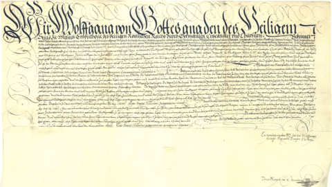 Lehensurkunde des Erzbischofs von Mainz, 1597 (HStAM, Urk. 14, Nr. 29) Lehensurkunde, Handschrift auf Pergament