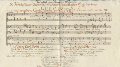 Volkslied zum Geburtstag von Großherzog Ludwig X. von Hessen, 1828 (HStAD, D 12, 39/59) Musiknoten mit Text (Chor mit Klavierbegleitung) auf einem Schmuckblatt