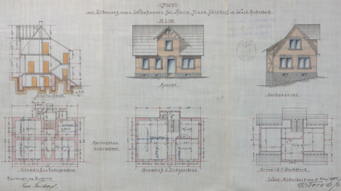 Plan zur Erbauung eines Wohnhauses für Franz Farnkopf in Wald-Michelbach, 1902 (HStAD, G 15 Heppenheim, Y 494) Historischer Plan: Grundriss, Aufriss und Querschnitte eines einstöckigen Hauses