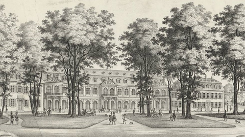 Historischer Stahlstich: Blick auf das von Bäumen halb verdeckte Kurhaus
