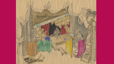 Bühnenbild von Lothar Schenck von Trapp zu "Ariadne auf Naxos" Zeichnung: Handgemaltes, buntes Bühnenbild mit verschiedenen Requisiten