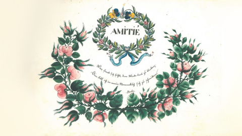 Titelseite eines Stammbuchs (HHStAW, 295, 40) Blumenkranz mit Schlangen und Girlanden mit Rosen