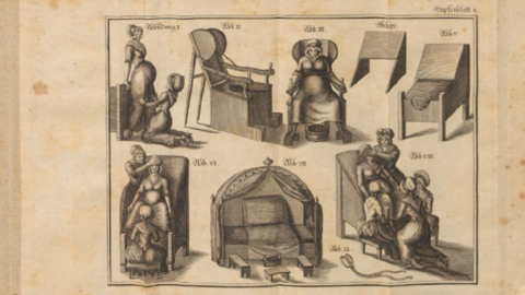 Seite aus dem Buch "Selbstbelehrung für Hebammen, schwangere und Mütter", Johann Heinrich Jörden, 1797 Historischer Kupferstich: Verschiedene Gebährstühle