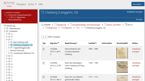Screenshot: Brotkrumenpfad bei einer Verzeichnung in Arcinsys