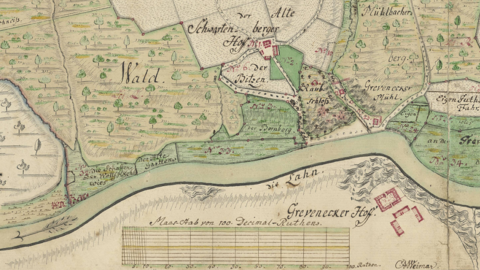 Karte verschiedener Güter des Alten Schwartenberger Hofs und des Grävenecker Hofs und der Mühle an der Lahn, 1758 (HHStAW, 3011/1, 1447 H) Historische Karte: Zeichnung verschiedener Wald- und Anbaufläche und ihrer Abmessungen, Lage von Gebäuden und Verlauf der Lahn
