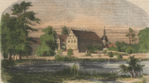 Jagdschloss Kranichstein mit Teich, 1840 (HStAD, R 4, 40988) Kolorierter Holzschnitt: Blick über einen Teich auf ein Schlossgebäude