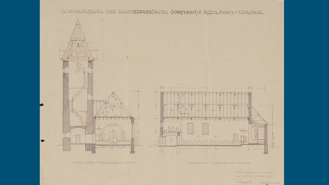 Plan zum Wiederaufbau der kriegszerstörten Dorfkirche von Affoldern, 1947 (HStAM, 495, P II 1139) Bauzeichnung einer Kirche