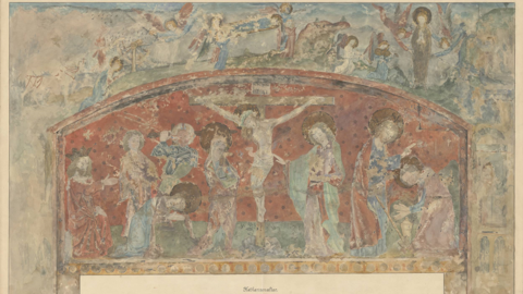 Mittelalterliche Wandmalereien der Elisabethkirche zu Marburg: Katharinenaltar, o.J. (HStAM, 495, P II 12130)  Malerei, die Jesus umgeben von Maria und seinen Jüngern am Kreuz zeigt