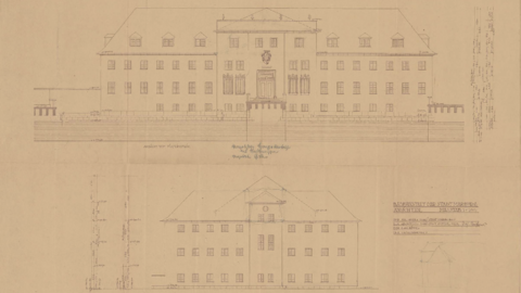 Ansichten der Badeanstalt der Stadt Marburg, 1928 (HStAM, 495, P II 12595) Bauzeichnung eines Gebäudes, zwei Ansichten