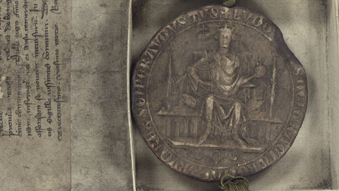 Siegel von König Ludwig dem Bayer, 1323 (HStAM, Urk. 1, 3023) Schrift auf Pergament, daneben großes Wachssiegel in einer Schachtel