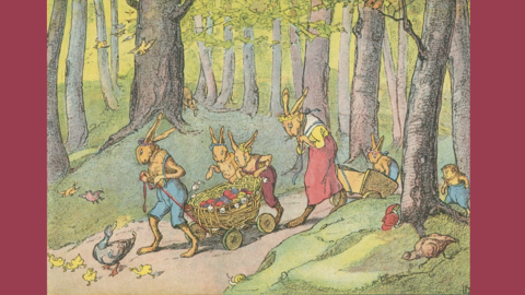 Kinderbuch-Illustration von Luise Kumpa Kolorierte Zeichnung von bekleideten Hasen, die Körbe und Wagen voller Eier durch einen Wald ziehen; im Vordergrund eine Ente mit KückenIllustration