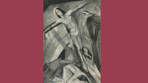 Expressionistische Kreuzigungs-Darstellung von Luise Kumpa, in "Volk und Scholle", 1932, Jahrgang 10 Heft 12 Jesus am Kreuz, darunter die trauernde Maria