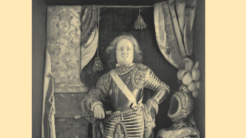 Einband der Publikation "Fürstliche Sammlungen" Bekleidete Wachspuppe eines Herrschers in einem Kabinett (Modell)