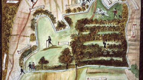 Karte eines umhegten Waldstücks bei Klein-Zimmern, umgeben von Semder Feld, mit Einzeichnung von gehauenem Holz, Jäger und Schafherde, sowie Ansicht von Klein-Zimmern, Datierung: ca. um 1500, HStAD Best. P 1, Nr. 145 handgezeichnete und farbige Karte von einem Waldstück, darauf zu sehen mehrere Personen