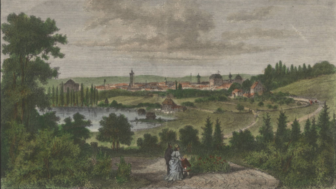 Kolorierte Holzschnitt: Blick aus einer Landschaft über einen See auf eine Stadt