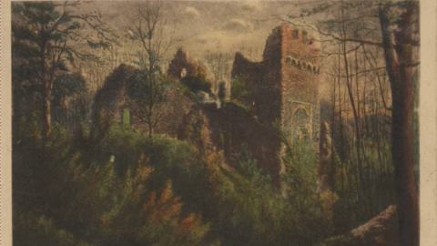 Koloriertes Foto einer überwachsenen Burgruine