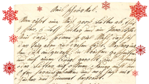 Rezept für Anisschörkel, 19. Jahrhundert (HStAM, 340 Grimm, P 129) HIstorisches Schriftstück, dekoriert mit roten Schneeflocken
