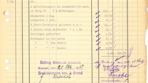 Rechnung der Firma Broeckelmann sen. & Grund, Kassel, vom 17.10.1938 (HStAM, 601/21, 531, Bl. 235) Blatt mit Text, Zahlen und Abstempelungen