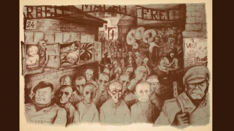 Zeichnung einer Gasse voller ausgemergelter Menschen, vorne links und rechts zwei gutgenährte, bewaffnete Capos.