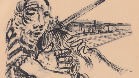 Zeichnung von einem Mann mit langem Bart und Haar und einem Mädchen, die sich verabschieden, im Hintergrund ein Bahnhof mit Schienen