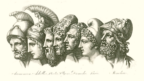 Kupferstich mit Darstellung griechischer Götter, Sagengestalten und Kriegherren: Agammemnon, Achilles, Nestor, Ulysses, Diomedes, Paris, Menclaus (v.l.n.r.), um 1817 (HStAD, R 4, 30873) Sieben nach links blickende Köpfe mit alt-griechischer Haar- und Barttracht und historischen Kopfbedeckungen