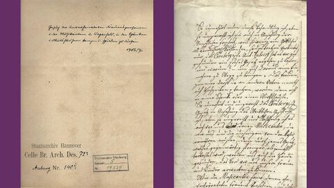 Einband einer Akte mit handschriftlicher Aufschrift und Archivstempeln sowie handschriftliches Dokumen des späten 18. Jahrhunderts