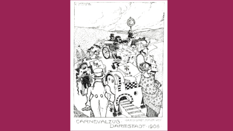 Der Umzug einer ganzen Siedlung: Humoristische Postkarte "Carnevalzug Darmstadt 1906" (HStAD, R, 4, 16455) Auf einer Postkarte gezeichnet mehrere Personen in Biedermeierkostümen, die Häuser und Kirchen mit sich herumtragen