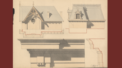 Entwurf für die Gestaltung von Dächern und Gesimsen von Friedrich Stöcker (HHStAW, 805, 914) Kolorierte Zeichnung: Dach, Dachgauben und Gesimse