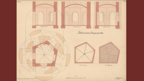 Entwurf eines Böhmischen Kappengewölbes von Friedrich Stöcker (HHStAW, 805, 914) Zeichnung: Querschnitte und Aufsicht von Gewölben