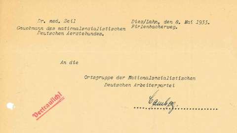 Anfrage des Gauobmanns Hessen-Nassau-Süd des NS-Ärztebundes Dr. Heinrich Seil (HHStAW, 483, 11530 (Ausschnitt)) Briefkopf eines maschinengeschriebenen Briefs