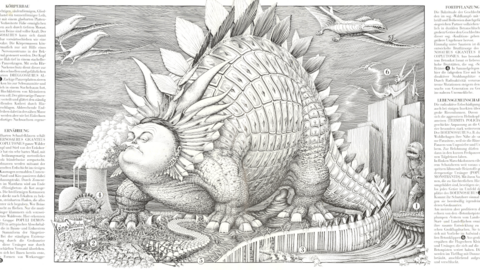 Zeichnung eines Sauriers mit menschlichem Kopf, der Wald frisst, dahinter ein Atomkraftwerk und Gebäude