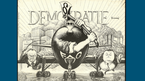 Karikatur über den Bau der Startbahn 18 West, herausgegeben von Bücherhaus Jansen + Weber (HStAD, R 2, 8295, Ausschnitt) Zeichnung eines Flugzeugs auf einer Landebahn. Das Flugzeug schwingt eine Axt. An den Flügeln hängen zwei Männer